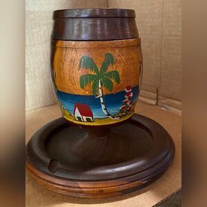 Vintage Wood Ashtray Jamaica Cigarette Lidded Hand Painted 6x7” Tobacco Jar